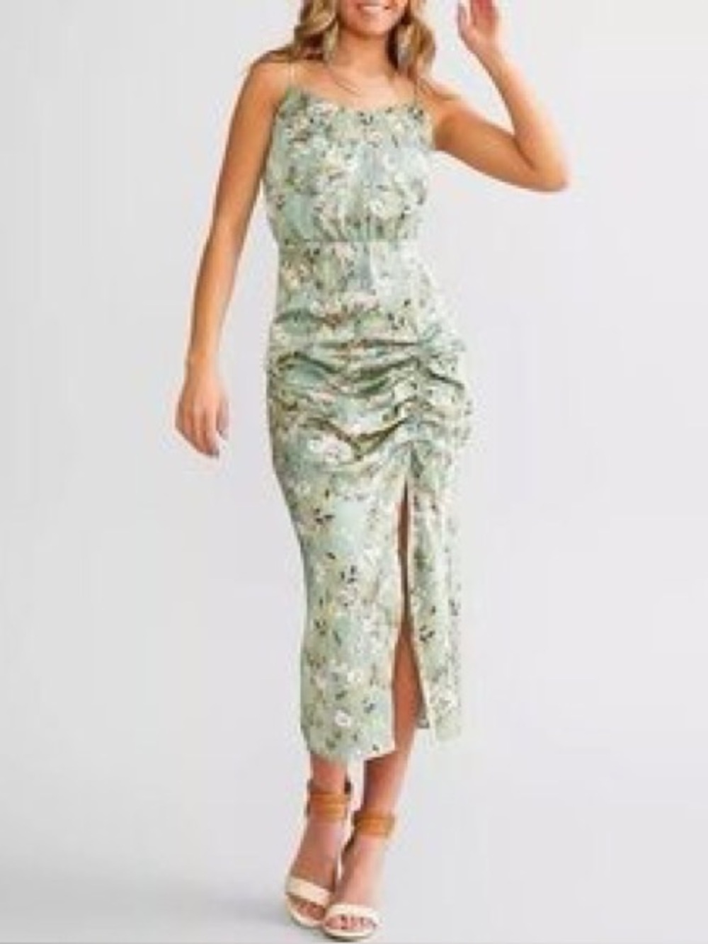 Socialite Sage Green Floral Midi Slip Dress ruched